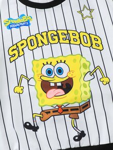 SpongeBob SquarePants | SHEIN 2件組青少年男孩休閒運動衫套裝，黑色黃色條紋圖案，長袖寬鬆版型圓領，校園秋季穿搭 - 白色 - 查看 7