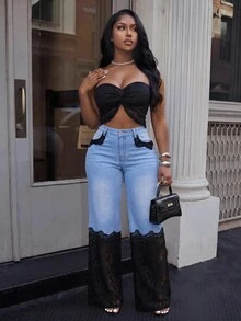 BriallanyX BriallanyX 女款對比蕾絲寬腿寬鬆休閒牛仔長褲 - 藍色 - 查看 7
