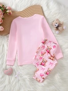女童幼兒熊心蝴蝶結印花長袖長褲修身家居服套裝 - 彩色 - 查看 3