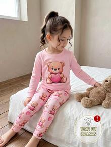 女童幼兒熊心蝴蝶結印花長袖長褲修身家居服套裝 - 彩色 - 查看 6