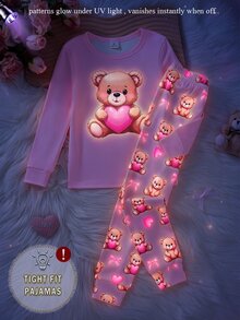 女童幼兒熊心蝴蝶結印花長袖長褲修身家居服套裝 - 彩色 - 查看 9