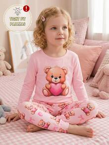 女童幼兒熊心蝴蝶結印花長袖長褲修身家居服套裝 - 彩色 - 查看 5