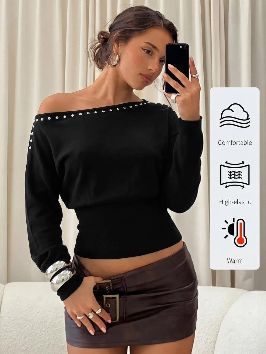 Aloruh Women's Solid Color Rivet Design Asymmetric Shoulder Long Sleeve Fashion Sweater - Black - View 1