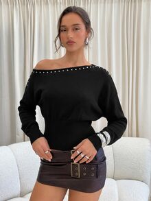 Aloruh Women's Solid Color Rivet Design Asymmetric Shoulder Long Sleeve Fashion Sweater - Black - View 3