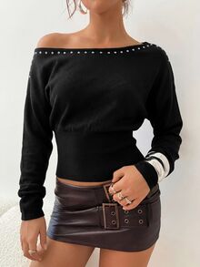 Aloruh Women's Solid Color Rivet Design Asymmetric Shoulder Long Sleeve Fashion Sweater - Black - View 4