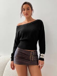 Aloruh Women's Solid Color Rivet Design Asymmetric Shoulder Long Sleeve Fashion Sweater - Black - View 5
