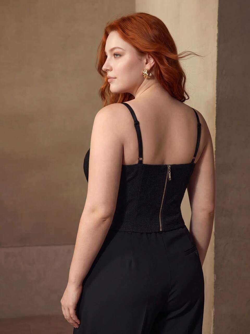 MOTF PLUS SIZE WOMEN BLACK VELVET EMBROIDERED CAMISOLE SPAGHETTI STRAP TOP, AUTUMN/WINTER