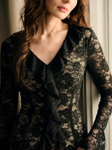 MOTF PREMIUM BLUS RENDA BERGELOMBANG UNTUK WANITA - Hitam - View 2