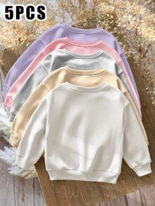 (5 Pcs) Autumn/Winter Girls' Fresh Minimalist Colorful Solid Color Basic Crew Neck Sweatshirt - Multicolor - View 2