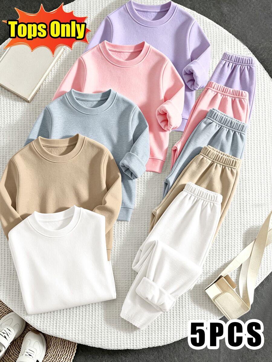 (5 Pcs) Autumn/Winter Girls' Fresh Minimalist Colorful Solid Color Basic Crew Neck Sweatshirt - Multicolor - View 1