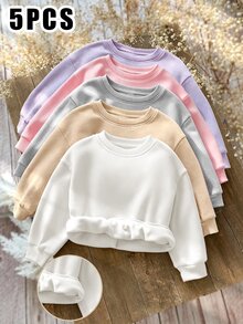 (5 Pcs) Autumn/Winter Girls' Fresh Minimalist Colorful Solid Color Basic Crew Neck Sweatshirt - Multicolor - View 3