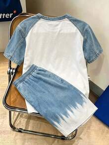 SHEIN 青少年男孩數位英文圖案短袖T恤與短褲套裝，休閒舒適春夏穿搭，時尚風格，適合外出與戶外運動 - 彩色 - 查看 2