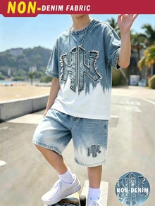 SHEIN 青少年男孩數位英文圖案短袖T恤與短褲套裝，休閒舒適春夏穿搭，時尚風格，適合外出與戶外運動 - 彩色 - 查看 1