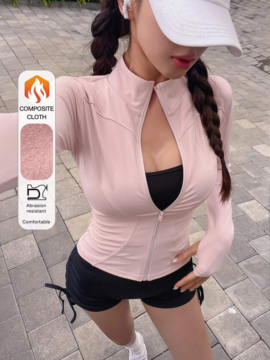 DAZY 女款純色彈性小立領修身長袖夾克,運動休閒,春秋款 - 粉色 - 查看 1