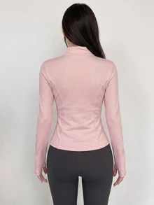 DAZY 女款純色彈性小立領修身長袖夾克，運動休閒，春秋款 - 粉色 - 查看 3
