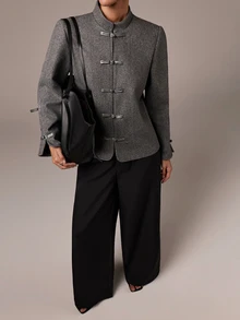 COSMINA Women's Casual Elegant Grey Chinese Style Frog Button Regular Jacket, Autumn Jacket, Daily All-Match Versatile Outerwear - Dark Grey - View 3