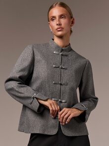 COSMINA Women's Casual Elegant Grey Chinese Style Frog Button Regular Jacket, Autumn Jacket, Daily All-Match Versatile Outerwear - Dark Grey - View 5