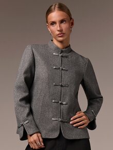 COSMINA Women's Casual Elegant Grey Chinese Style Frog Button Regular Jacket, Autumn Jacket, Daily All-Match Versatile Outerwear - Dark Grey - View 1
