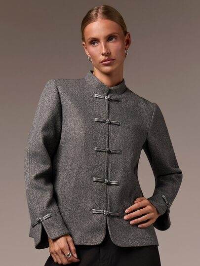 COSMINA Women's Casual Elegant Grey Chinese Style Frog Button Regular Jacket, Autumn Jacket, Daily All-Match Versatile Outerwear