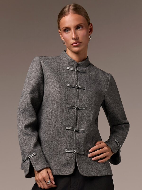 COSMINA Women's Casual Elegant Grey Chinese Style Frog Button Regular Jacket, Autumn Jacket, Daily All-Match Versatile Outerwear