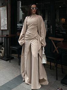 Siren Gaze 女款 3 件套：百褶開衩上衣、長褲與長袖外罩袍 - 杏色 - 查看 2
