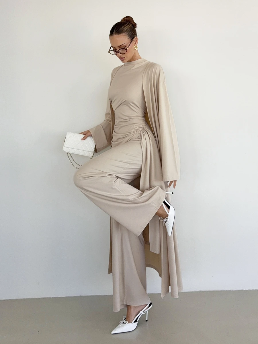 Siren Gaze Women's 3 Pieces Set With Pleated Slit Top, Long Pants And Long Sleeve Outer Robe - Apricot - View 1