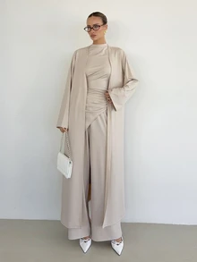 Siren Gaze 女款 3 件套：百褶開衩上衣、長褲與長袖外罩袍 - 杏色 - 查看 4