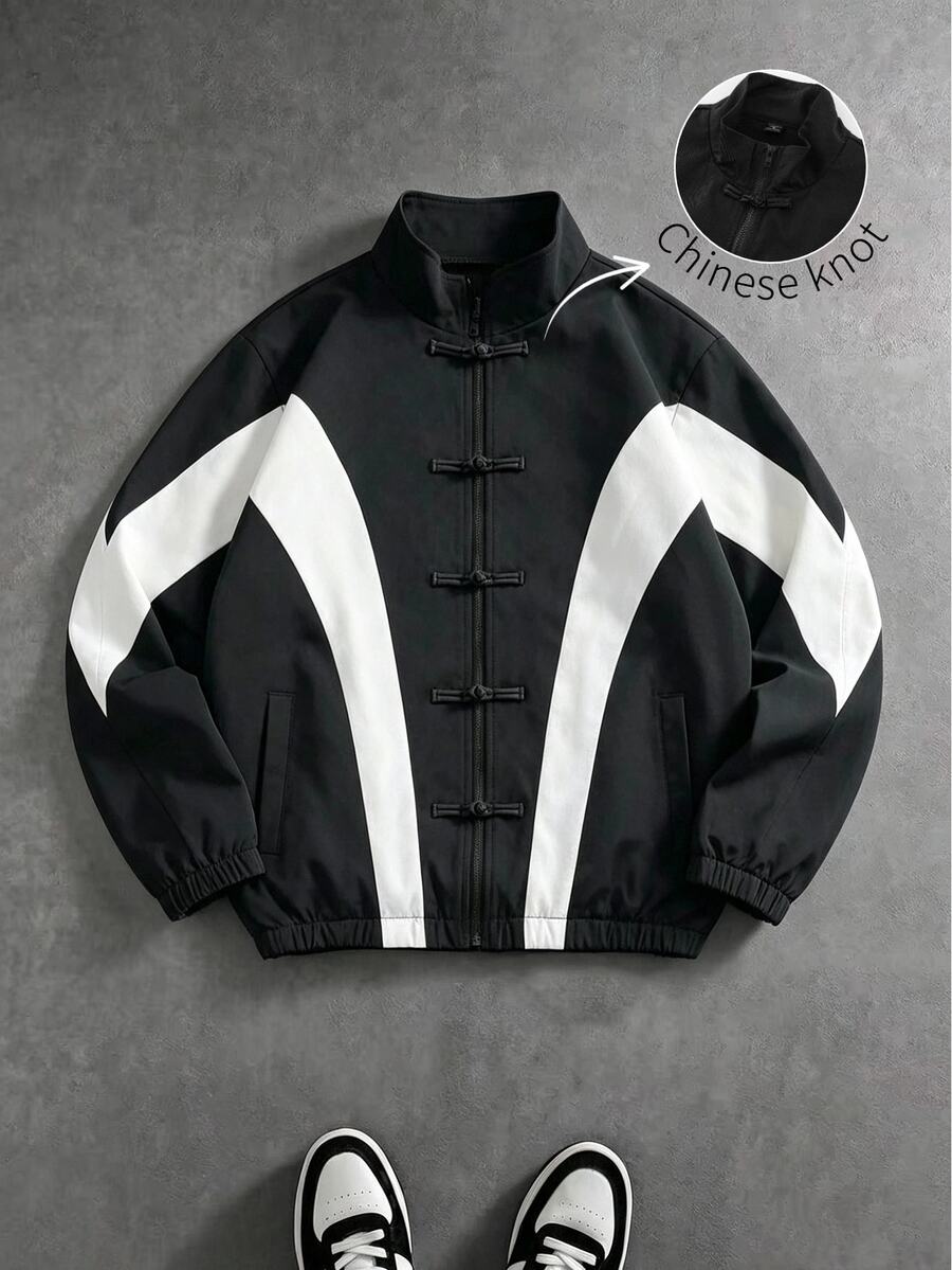Manfinity EMRG Men's Retro Sport Black And White Colorblock Frog Button Stand Collar Jacket - Black and White - View 1