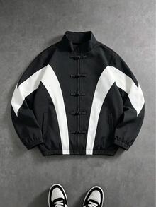 Manfinity EMRG Men's Retro Sport Black And White Colorblock Frog Button Stand Collar Jacket - Black and White - View 3