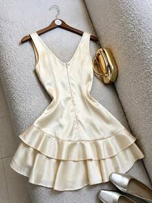 Cévolie Women's V-Neck Sleeveless Satin Dress With Double-Layered Ruffled Hem. - Apricot - View 2