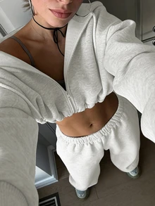 INAWLY 2 件套女士休闲落肩长袖拉链连帽运动衫和运动裤套装，适合秋冬季 - 淺灰色 - 查看 4