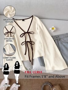 SHEIN Tall CURVE Plus Size Women's Front Tie Long Sleeve Casual Elegant Shirt Date Night Vacation White Autumn - Apricot - View 1