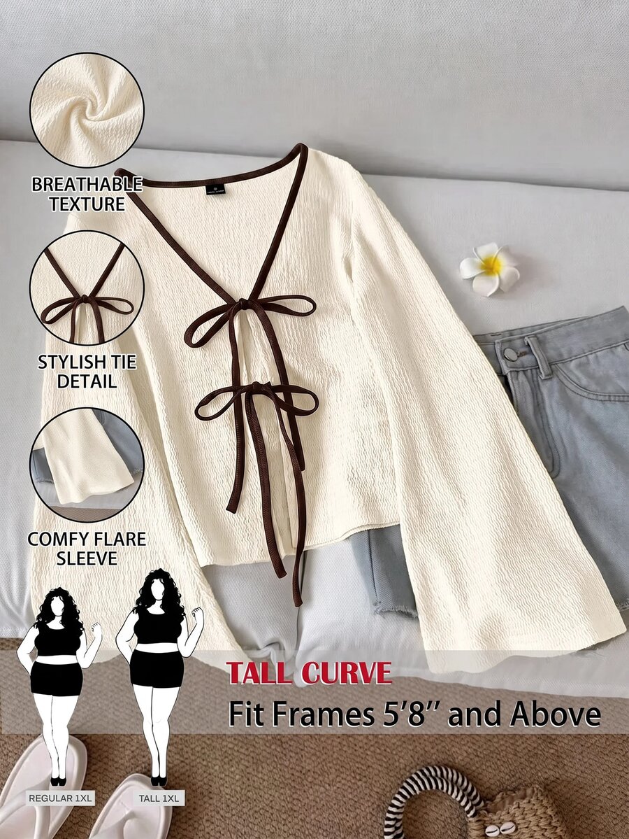 SHEIN Tall CURVE Plus Size Women's Front Tie Long Sleeve Casual Elegant Shirt Date Night Vacation White Autumn - Apricot - View 1