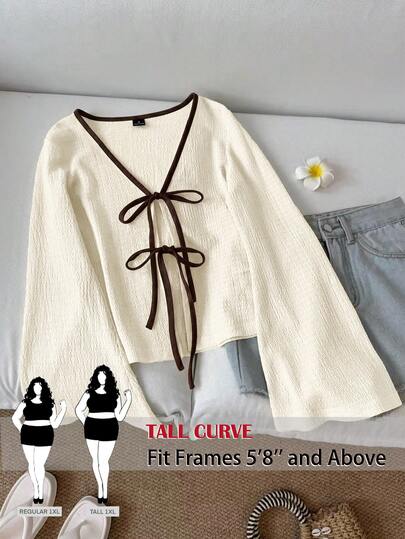 SHEIN Tall CURVE Plus Size Women's Front Tie Long Sleeve Casual Shirt