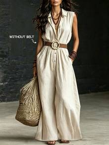 SHEIN LUNE Women's Solid Color Single-Breasted Pocket Casual Sleeveless Shirt Jumpsuit - Apricot - View 7