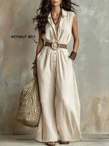 SHEIN LUNE Women's Solid Color Single-Breasted Pocket Casual Sleeveless Shirt Jumpsuit - Apricot - View 1