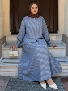 Dazy Plus Loose Casual Striped Shirt & Long Skirt 2 Pieces Set, Fun Commute Style, Spring/Autumn New Blue - Blue - View 4