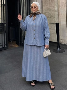 Dazy Plus Loose Casual Striped Shirt & Long Skirt 2 Pieces Set, Fun Commute Style, Spring/Autumn New Blue - Blue - View 8