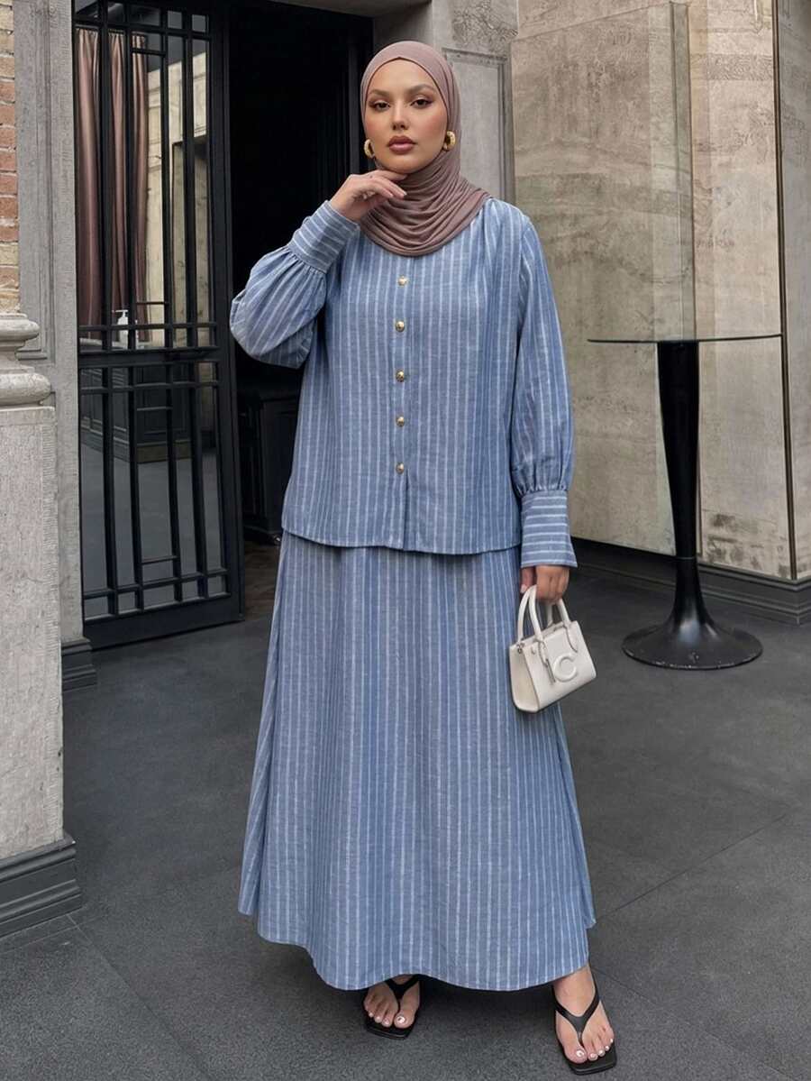 Dazy Plus Loose Casual Striped Shirt & Long Skirt 2 Pieces Set, Fun Commute Style, Spring/Autumn New Blue - Blue - View 1