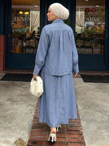 Dazy Plus Loose Casual Striped Shirt & Long Skirt 2 Pieces Set, Fun Commute Style, Spring/Autumn New Blue - Blue - View 2