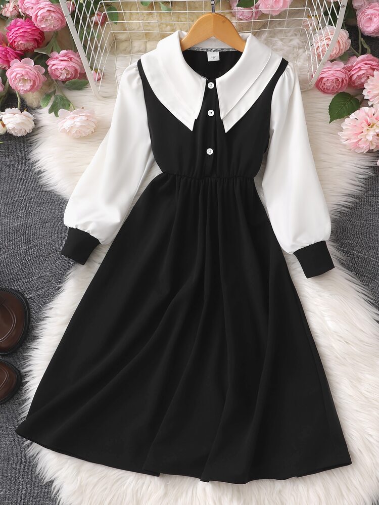 SHEIN Girls' Autumn/Winter Button-Front Half-Opening Long Sleeve Peter Pan Collar Mid-Length A-Line Dress, Cute Sweet Preppy Mori Style Fashionable Dress - Black - View 3