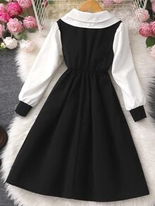 SHEIN 女童秋冬款前開扣半開襟長袖彼得潘領中長版A字洋裝，可愛甜美學院風森系時尚洋裝 - 黑色 - 查看 2