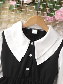 SHEIN 女童秋冬款前開扣半開襟長袖彼得潘領中長版A字洋裝，可愛甜美學院風森系時尚洋裝 - 黑色 - 查看 6