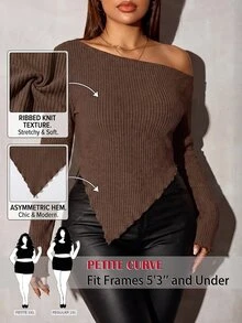 SHEIN Tall CURVE Plus Size Women Solid Color Asymmetric Top Fall - Brown - View 8