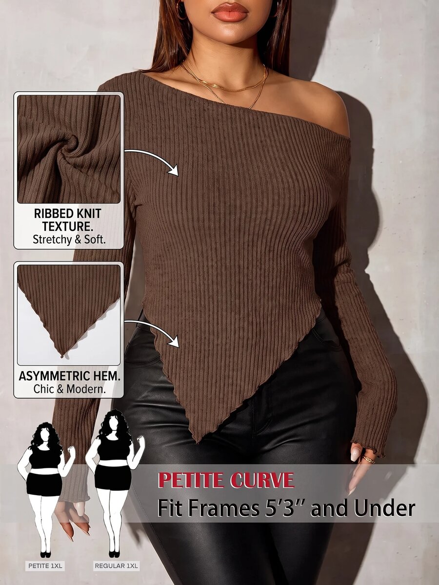 SHEIN Tall CURVE Plus Size Women Solid Color Asymmetric Top Fall - Brown - View 1
