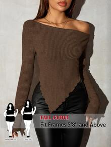 SHEIN Tall CURVE Plus Size Women Solid Color Asymmetric Top Fall - Brown - View 1