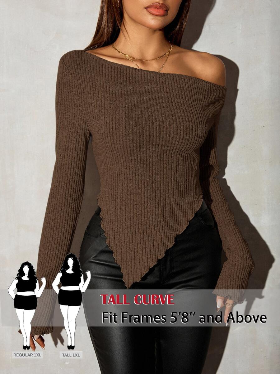 SHEIN Tall CURVE Plus Size Women Solid Color Asymmetric Top Fall - Brown - View 1