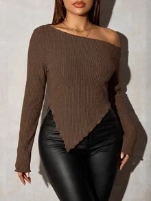 SHEIN Tall CURVE Plus Size Women Solid Color Asymmetric Top Fall - Brown - View 2