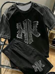 SHEIN 青少年男孩數位英文圖案短袖T恤與短褲套裝，春夏休閒舒適時尚風格，適合外出、戶外運動、野餐、街拍、度假、假期，送禮首選 - 彩色 - 查看 5
