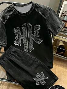 SHEIN 青少年男孩數位英文圖案短袖T恤與短褲套裝，春夏休閒舒適時尚風格，適合外出、戶外運動、野餐、街拍、度假、假期，送禮首選 - 彩色 - 查看 6